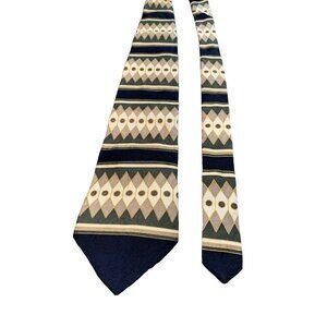 Vintage Halston Mens Silk Necktie Geometric Pattern Navy Tan Green Tie
